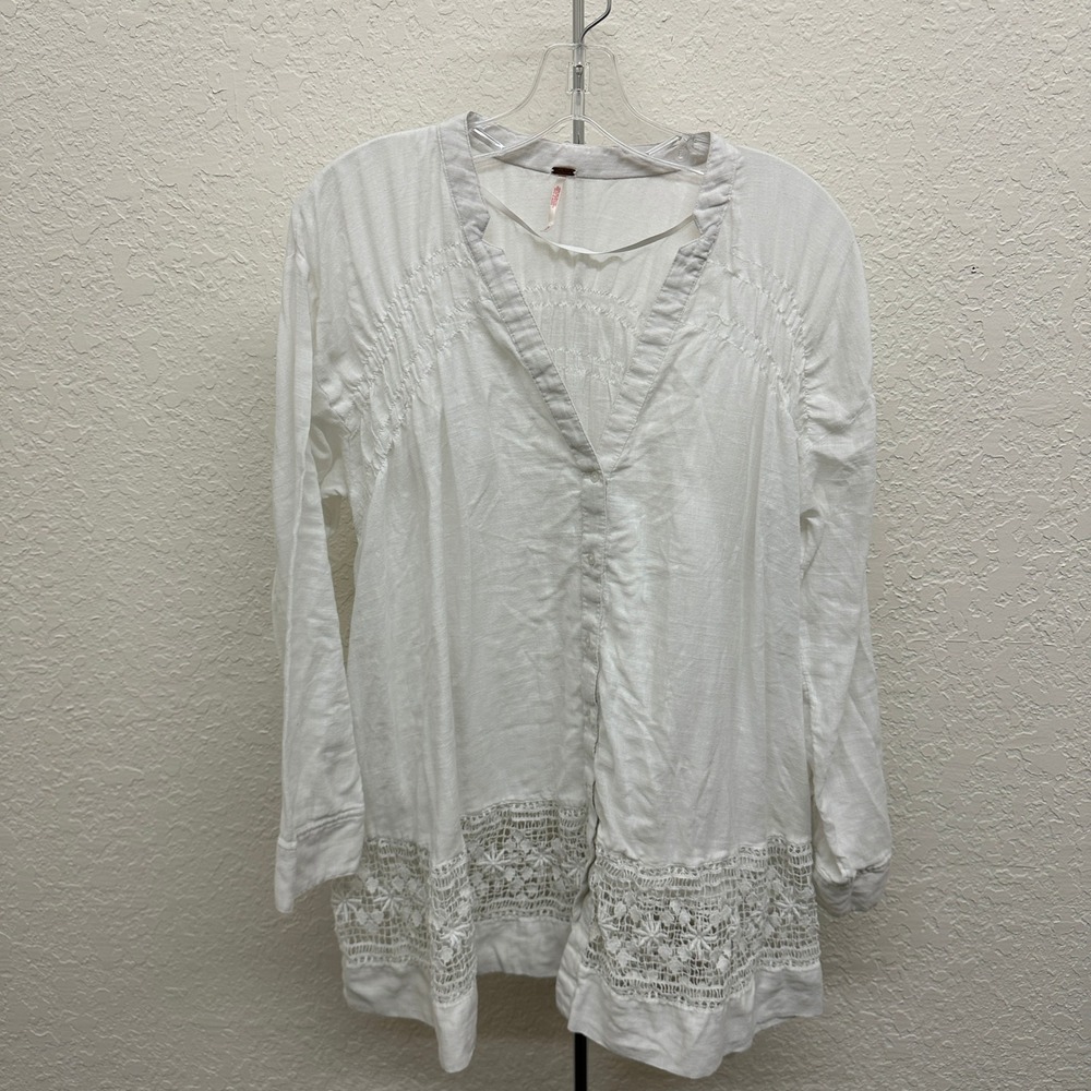 Free People White Gauze Crochet Lace Pintuck Button Down Tunic Top Small
